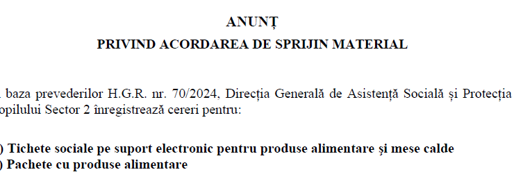 ANUNȚ PRIVIND ACORDAREA DE SPRIJIN MATERIAL