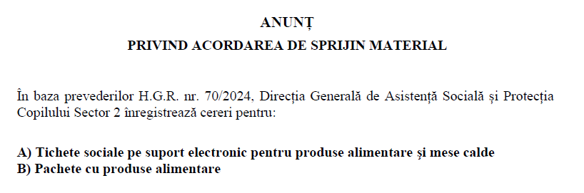 ANUNȚ PRIVIND ACORDAREA DE SPRIJIN MATERIAL