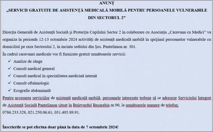 SERVICII GRATUITE DE ASISTENȚĂ MEDICALĂ MOBILĂ PENTRU PERSOANELE VULNERABILE DIN SECTORUL 2