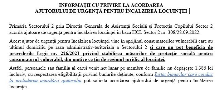 INFORMAȚII CU PRIVIRE LA ACORDAREA  AJUTORULUI DE URGENȚĂ PENTRU ÎNCĂLZIREA LOCUINȚEI 2024-2025
