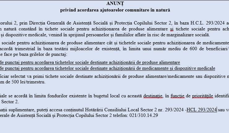 Anunț privind acordarea ajutoarelor comunitare în natură