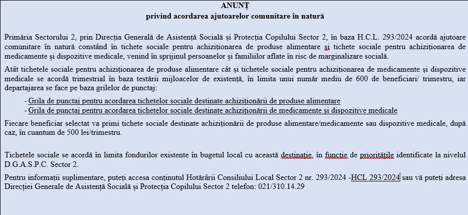 Anunț privind acordarea ajutoarelor comunitare în natură