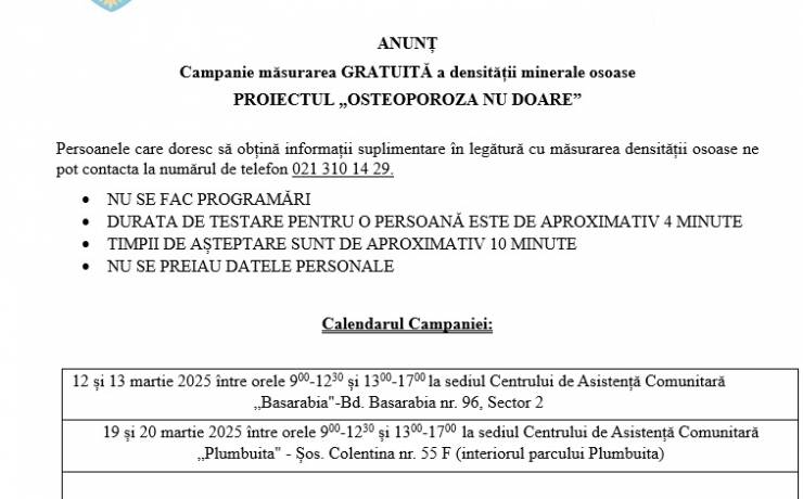 Campanie măsurarea GRATUITĂ a densității minerale osoase PROIECTUL „OSTEOPOROZA NU DOARE”