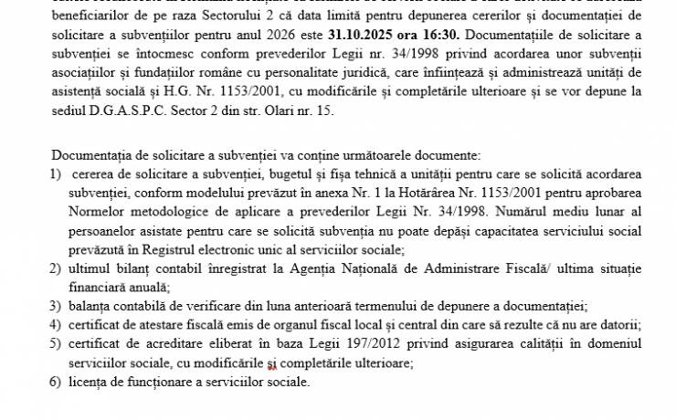 ANUNȚ privind demararea procedurii de selecție a asociațiilor, fundațiilor și cultelor religioase  pentru a primi subvenții pentru servicii sociale de la bugetul de local al Sectorului 2, pentru anul 2026